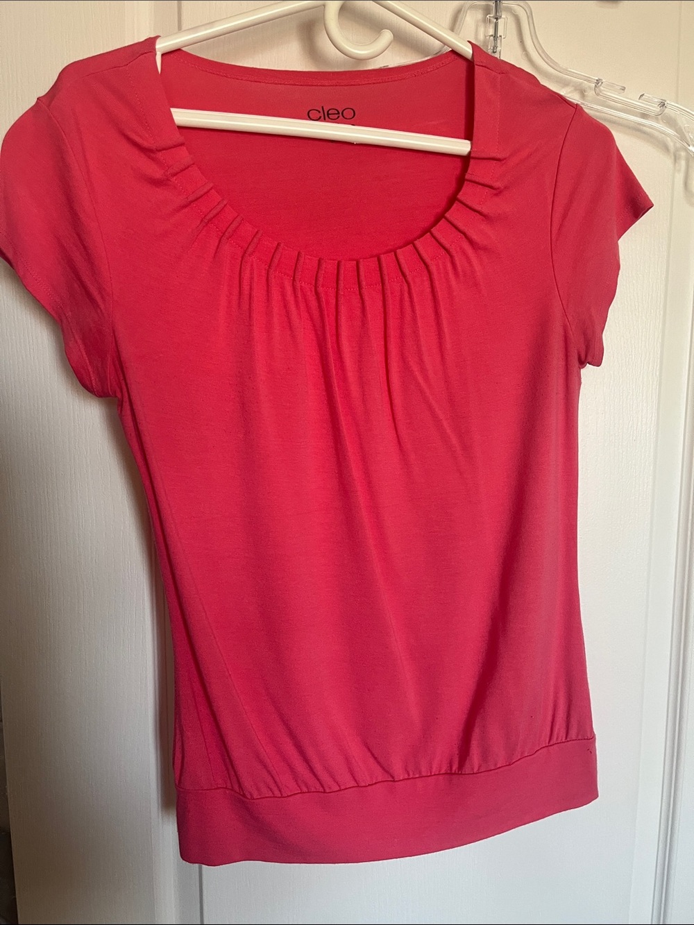 cleo Petite Bright Coral Short Sleeve Scoop Neck Top with Pleated Yoke
